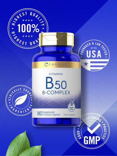 Carlyle Vitamin B50 Complex | 180 Caplets | Vegetarian, Non-Gmo, Gluten Free
