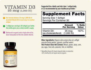 NatureWise Vitamin D3 1000iu 25 mcg 1 Month Supply for Healthy Muscle Function Bone Health and Immune Support NonGMO Gluten Free in ColdPressed Olive Oil Packaging May V 30 Count