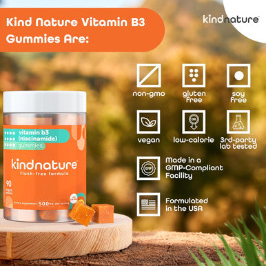 Kind Nature Vitamin B3 Niacin Gummies - Flush Niacinamide 500Mg Supplement - Vegan, Non-Gmo, Low-Calorie, Gluten-Free, Soy-Fee, 3Rd Party Lab Tested - 1 Month Supply, 90 Chewable Gummies