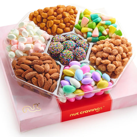 NUT CRAVINGS - Purim Mishloach Manot Mixed Nuts Gift Basket in Red Gold Box (7 Assortments, 1 LB) Ramadan Gifts Treats for Adults, Food Arrangement, Healthy Snack Care Package, Kosher