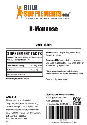 BulkSupplements D-Mannose Powder - D-Mannose Supplement for Urinary Tract Support - Unflavored, - 2000mg , 125 Servings (250 Grams - 8.8 oz)