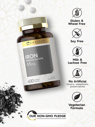 Iron Ferrous Sulfate 65 Mg | 400 Tablets | Non-Gmo, Gluten Free, And Vegetarian Supplement | High Potency | By Carlyle