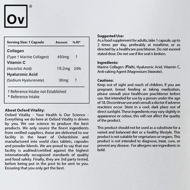 Collagen 450mg, Vitamin C 19.2mg, Hyaluronic Acid 30mg Capsules | Bones & Skin, Iron Absorption | Oxford Vitality (120)