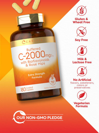 Carlyle Buffered Vitamin C | 2000Mg | 180 Caplets | With Bioflavonoids And Rose Hips | Vegetarian, Non-Gmo, And Gluten Free Suppl