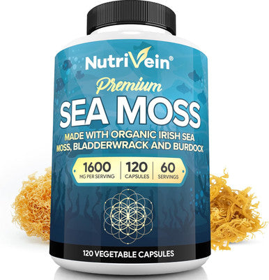 Nutrivein Organic Sea Moss 1600Mg Plus Bladderwrack & Burdock - 120 Capsules - Prebiotic Super Food Boosts The Immune System & Digestive Health - Thyroid, Healthy Skin, Keto Detox, Gut, Joint Support