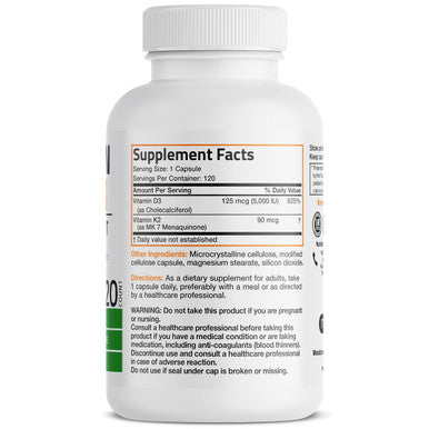 Bronson Vitamin K2 (Mk7) With D3 Supplement Non-Gmo Formula 5000 Iu Vitamin D3 & 90 Mcg Vitamin K2 Mk-7 Easy To Swallow Vitamin D & K Complex, 120 Capsules