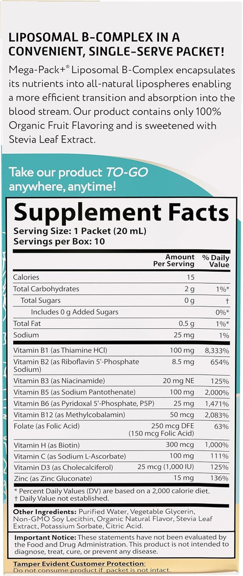 Aurora Nutrascience MegaLiposomal BComplex + Vitamin C Supports Energy Immune and Nervous System Health Gluten NonGMO SugarFree Orange Flavor 10 Single Serve Packets