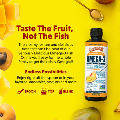 Barlean's Mango Peach Omega 3 Fish Oil Liquid Supplement with Vitamin D 1080mg EPA and DHA Fatty Acid Smoothie Flavored and Burpless for Brain Joint and Heart Health 8 oz