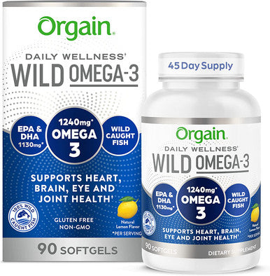 Orgain Omega3 Fish Oil Supplement 1240mg High EPA DHA 1130mg Sustainably sourced from WildCaught Fish 45 Day Supply 90 Softgels