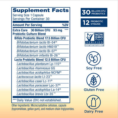 ReLife Adult Probiotic Ultimate Flora Extra Care GoPack Probiotic Supplement for Men Women Shelf Stable Gluten Dairy Soy 30 Billion CFU 30 Vegetarian Capsules