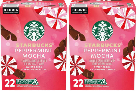 Starbucks K-Cup Coffee Pods, Peppermint Mocha Flavored Coffee for Keurig Brewers, 100% Arabica, 1 Box (22 Pods)