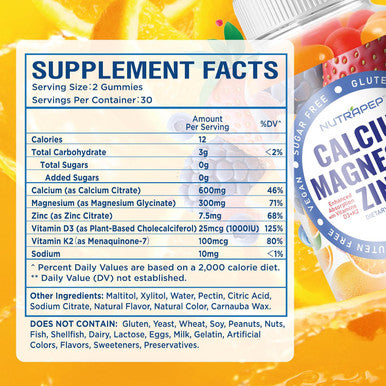 Calcium Magnesium Zinc Supplement Gummies With Vitamin D3 K2 Magnesium Glycinate Orange Berry Flavored Vegan Sugar Gluten Chewable For Men Women Kids