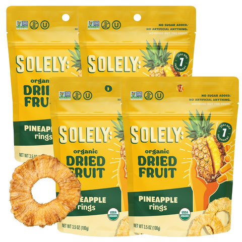 SOLELY - Organic Dried Pineapple Rings (5.5 oz Resealable Bags, Pack of 3) - Real Fresh Fruit - 1 Ingredient - Healthy Snacks for Adults & Kids - Non GMO, Vegan Snacks, Shelf Stable - 3 Bags (16.5 oz)