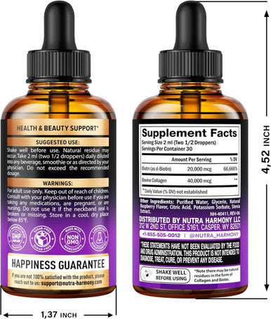Liquid Biotin & Collagen - Vitamins For Hair Growth Support For Women & Men - Extra Strength 60000 Mcg Drops - B7 Supplement - Strong Nails & Healthy Skin - 98% Faster Absorption Than Pills