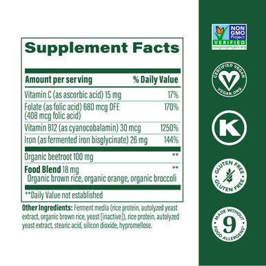 MegaFood Blood Builder Minis - Iron Supplement Clinically Shown To Increase Iron Levels Without - Iron With Vitamin C Vitamin B12 & Folic Acid - Vegan - 60 Tablets (30 Servings)