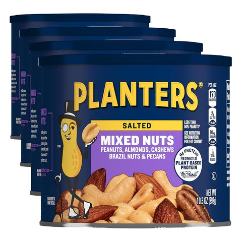 PLANTERS Lightly Salted Mixed Nuts, Plant Based Protein, 10.3 Oz (1 Ct) | Mixed Nuts: Almonds, Cashews, Peanuts, Pecans, Brazil Nuts. Snacks for Adults. Resealable Canister. Party Snack