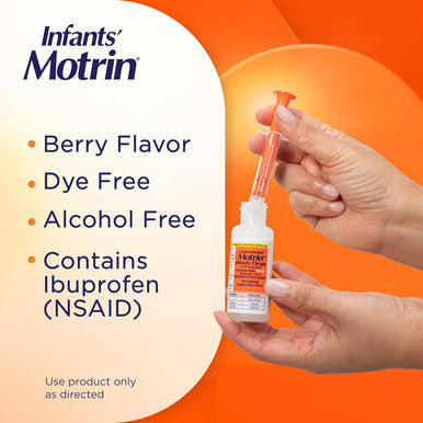 Motrin Infants' Ibuprofen Fever Reducer Dye and Alcohol Free Concentrated Drops Oral Suspension Includes Clear Syringe with Markings for Dose Measuring Berry Flavor