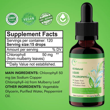 Liquid Chlorophyll Drops for Water 120 Serving, All-Natural Concentrate, Mint Flavored 60mg
