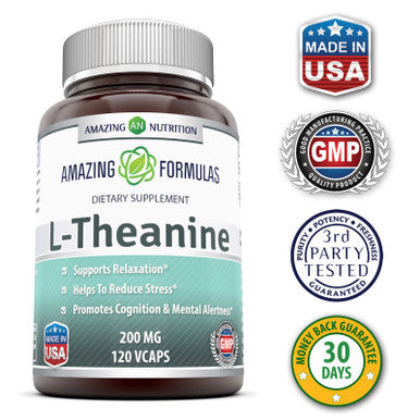 Amazing Nutrition L-Theanine Dietary Supplement * 200 Mg Pure Veggie Capules * Promotes Relaxation And Stress Reduction * All-Natural Stress Relief Relaxer * Sedative Free * 120 Vegetarian Caps