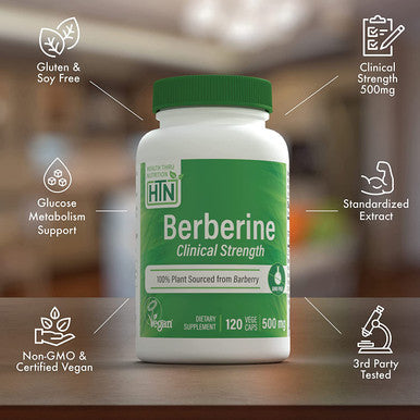 Berberine HCl 500mg Clinical Strength Blood Sugar Support Vegan Certified 3rd Party Tested All Plant Extract NonGMO Gluten Free Soy Free by Health Thru Nutrition Pack of 120
