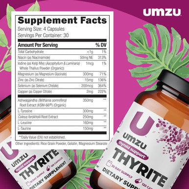 Umzu Thyrite Thyroid Support Supplement Magnesium, Zinc, Copper, Iodine & Selenium Healthy Metabolism, Sustained Energy & Weight Management Thyroid Complex Aid (30 Day Supply 120 Capsules)
