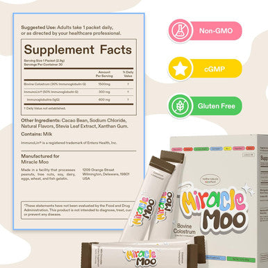 Miracle Moo Colostrum Supplement for Gut Health Hair Growth Beauty and Immune Support - Easy to Mix Grass Fed Bovine Powder - Highest IgG Plus ImmunoLin (30 Servings (Pack of 1) Chocolate)