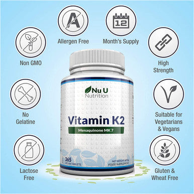 Vitamin K2 MK 7 200mcg - 365 Vegetarian and Vegan Tablets (not Capsules) - One Year Supply of High Strength Vitamin K2 Menaquinone MK7 from Trans-Isomer by Nu U Nutrition