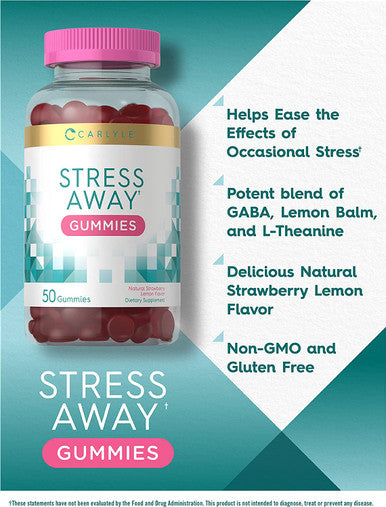 Stress Relief Gummies | 50 Count | with GABA and L-Theanine | Natural Strawberry Lemon Flavor | Non-GMO, Gluten Free Supplement | by Carlyle