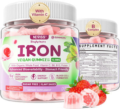 Vegan Iron Supplement Gummies - High Absorption Chelated Bisglycinate Iron With Vitamin C, B-Complex, Folate For Energy, Blood Building Iron Filled Gummies For Adults & Kids - No Aftertaste, 60 Cts