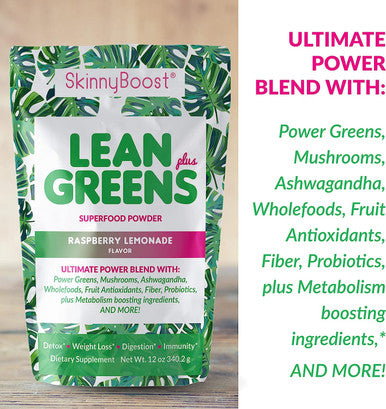 Skinny Boost - Lean Greens & Super Food Powder - Ultimate Power Blend w/ Green Tea, Mushroom Blend, Ashwagandha, Spirulina Algae & Wholefoods - Natural Detox & Clean Energy - 30 Servings -12 Oz