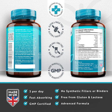 Marine Collagen 1000Mg Enhanced With Hyaluronic Acid 100Mg - 90 Super Strength Capsules - Hydrolysed Collagen Supplements - Vitamin C, Vitamin E, Vitamin B2, Zinc, Copper - Made In The Uk By Nutravita