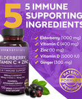 Viva Naturals Sambucus Elderberry with Vitamin C, Zinc, Vitamin D3 5000 IU & Ginger (120 Capsules) - Antioxidant & Immune Support Supplement, 2 Month Supply - 5 in 1 Black Elderberry for Adults