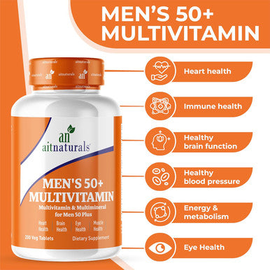 Aitnaturals Men's 50+ Multivitamin (200 Tablets) | Multimineral with Vitamin A C D B6 B12 E K& Zinc Magnesium for Older Adults | Supports Memory & Cognition Heart Eye Muscle & Immune Health