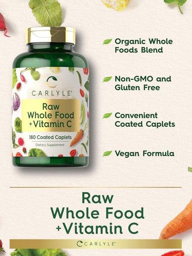 Carlyle Raw Whole Foods VIT C | 180 Coated Caplets | Dietary Supplement | Vegan Non-GMO & Gluten