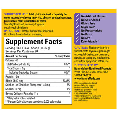 Nature Made Collagen Peptides Powder Type 1 And 3 Joint Support Collagen Powder Unflavored Sugar Free Keto Friendly With Biotin For Hair Skin & Nails Support 11.2 Oz 28 Day Supply