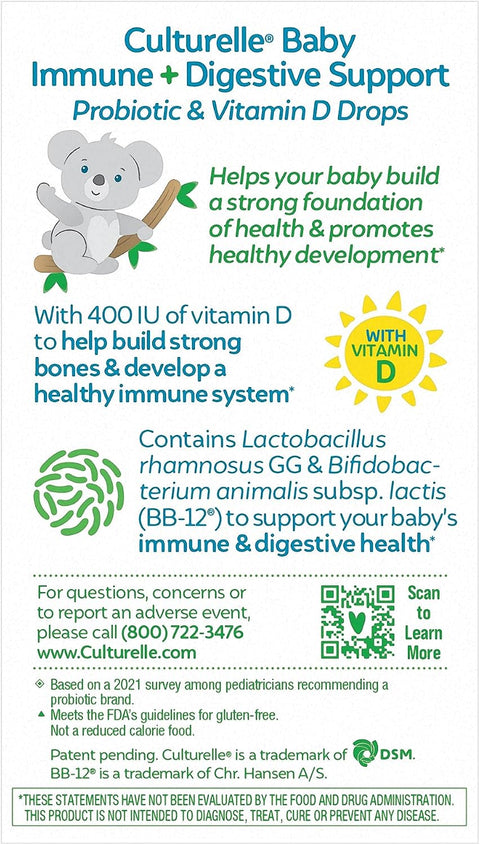 Culturelle Baby Probiotic Drops + Vitamin D Immune and Digestive Health Support For Babies Infants and Newborns 012 Months 30 Day Supply Gluten and NonGmo 9Ml