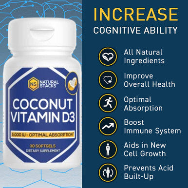 NATURAL STACKS Vitamin D3 5000 IU - 30 SOFTGELS. Vitamin D Pills for Immunity & Cell Growth - Coconut Oil Pills & Immune Support Vitamins - Vitamins Supplements for Rapid Absorption