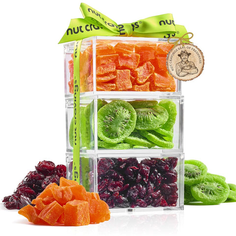 NUT CRAVINGS - Purim Mishloach Manot Dried Fruit & Mixed Nuts Gift Basket, Green Tower + Ribbon (12 Assortments) Ramadan Gifts Food Arrangement, Healthy Snack Care Package, Kosher
