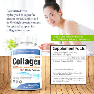 Vita-Age Premium Marine Wild Fish Collagen 4800mg 90% High Protein Content 120 Count, 100% Pure Hydrolyzed Collagen