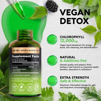 NUTRAHARMONY Vegan Chlorophyll Liquid Drops - Oxygen & Energy Boost, Skin Cleanse - Made In Usa Trusted Quality - Natural Deodorant & Detox - 12000 Mg Extra Strength Supplement - 2 Month Supply, Fresh Mint Flavor