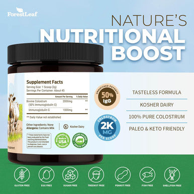 Forestleaf Colostrum Powder 50% Igg Highest Pure Concentration, Grass Fed Colostrum Supplement For Gut Health, Immune Support And Muscle Recovery, Bovine Colostrum For Humans, Unflavored, 45 Servings