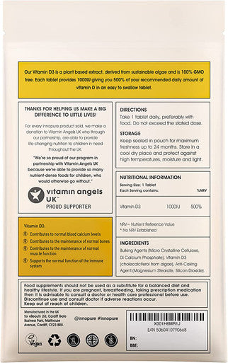 INNOPURE Vegan Vitamin D3 1000iu - D Vitamin Derived from Sustainable Plant Algae - Vegan Society Certified - UK Made