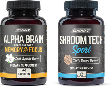 Onnit Premium Alpha Brain Bundle - Nootropic Brain Supplement (90 Count) for Focus Concentration & Memory + Shroom Tech Sport for Exercise Energy & Cardiovascular Performance (84 Count)