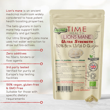 Lions Mane Organic - Ultra Strength 50% Beta 1,3/1,6 D Glucan, Pullulan (Hericium Erinaceus ) (120 Capsule Pouch)