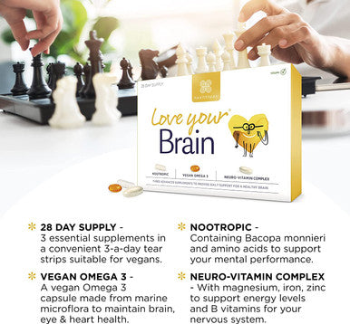 Healthspan Love Your Brain Multivitamin | 28 Day Supply | Support Cognitive Health & Psychological Function | Vegan Omega 3 | Nootropic | Neuro Vitamin Complex | Vegan