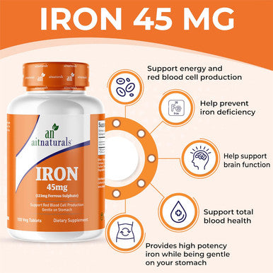 Aitnaturals Iron - 45mg (100 Tablets)| High potency Ferrous Sulphate for Red Blood Cell Production Active Brain Function Prevent Iron Deficiency| Enhance Muscle growth& Regulate Body Temperature
