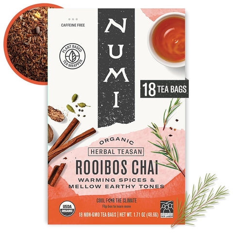 Numi Organic Rooibos Chai Tea, 18 Herbal Tea Bags, Caffeine Free