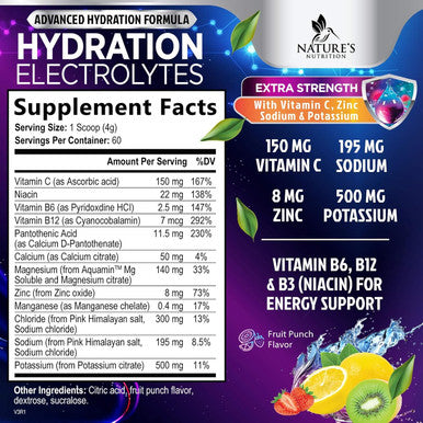 Nature'S Nutrition Daily Electrolyte Drink Mix - Best Multivitamin Hydration Supplement 6 Electrolytes & Minerals Post Workout & Recovery Electrolyte Powder Refreshing Fruit Punch Flavor Vegan Non-GMO - 60 Servings