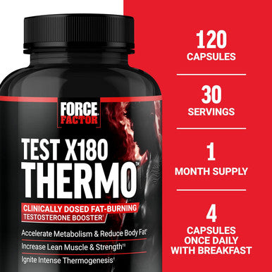 Force Factor Test X180 Thermo Testosterone Supplement and Fat Burner for Men to Accelerate Metabolism Reduce Body Fat Build Lean Muscle and Increase Thermogenesis 120 Capsules