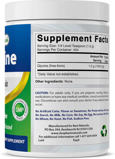 Best Naturals Glycine Powder 1 LB - Neurotransmitter & Relaxation Support